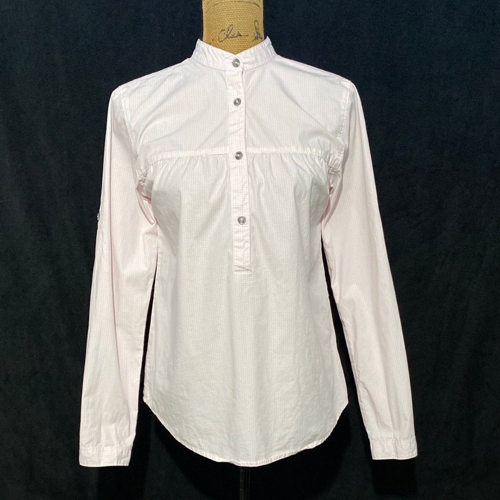 Ably S Top Tunic‎ Blush Pink White Gingham Plaid Mandarin Collar Long Sl Stretch